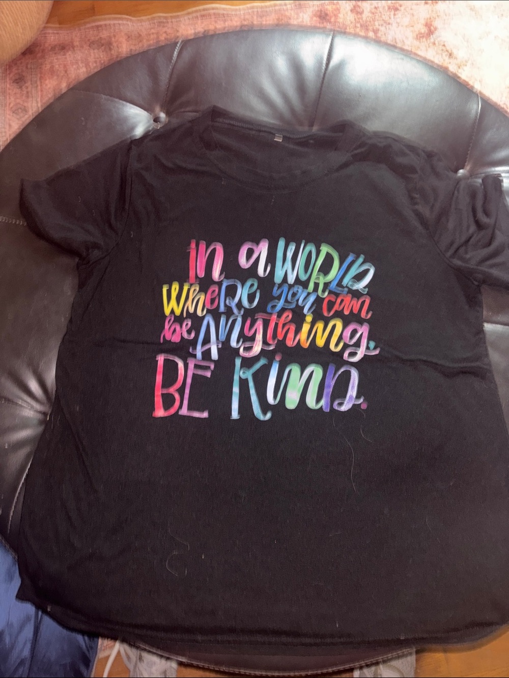 Woman’s Black Graphic Tee - 'Be Kind' Rainbow Script